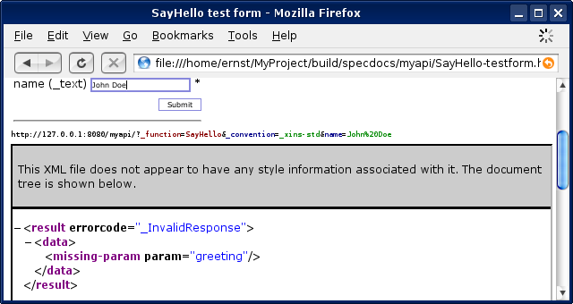 Screenshot of the response, with an _InvalidResponse error code