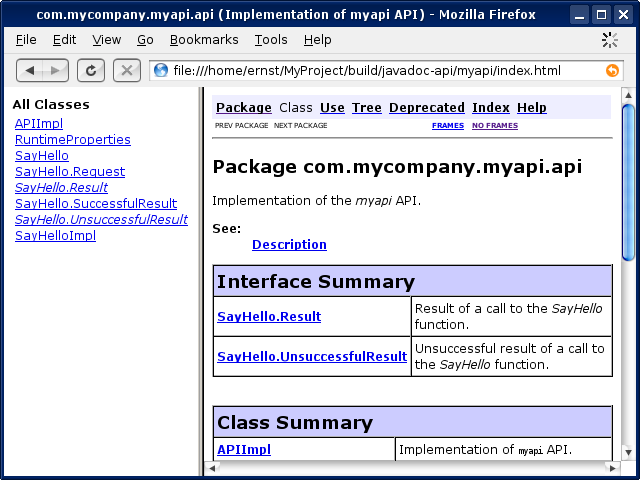Screenshot of the generated Javadoc API documentation
