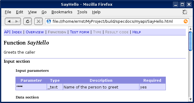 Screenshot of the function overview page in the generated HTML documentation